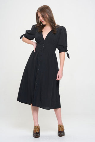 3/4 PUFF SLV TEXTURED BUTTON DOWN MIDI DRESS PLUS