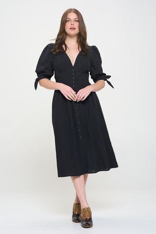 3/4 PUFF SLV TEXTURED BUTTON DOWN MIDI DRESS PLUS