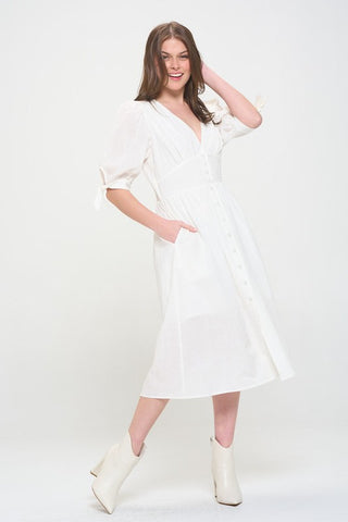 3/4 PUFF SLV TEXTURED BUTTON DOWN MIDI DRESS PLUS