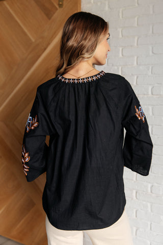 Black Floral Embroidered Peasant Top