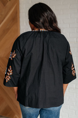 Black Floral Embroidered Peasant Top