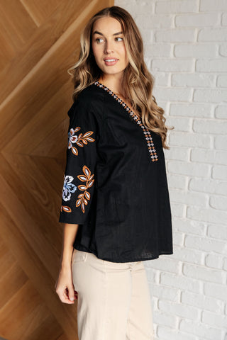 Black Floral Embroidered Peasant Top