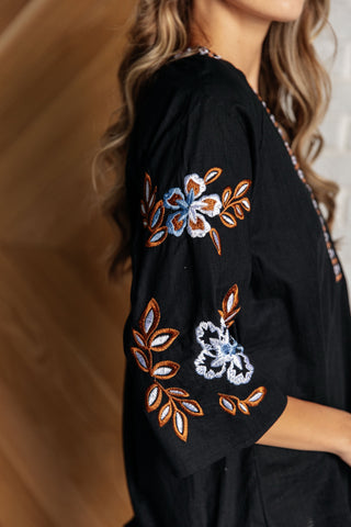 Black Floral Embroidered Peasant Top