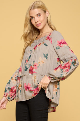 Floral Print Tunic Top with Lace Detailing