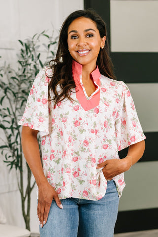 Field of Roses Split Neck Floral Blouse