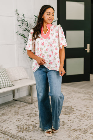 Field of Roses Split Neck Floral Blouse