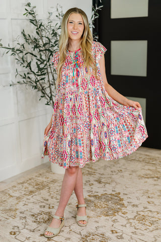 Festival Fields Flutter Sleeve Dress in Blush/Fuchsia/Mint