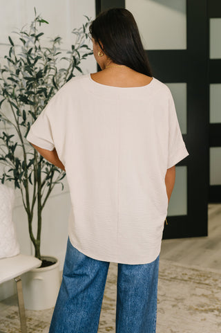 Crinkle Woven V-Neck Top in Sand Beige