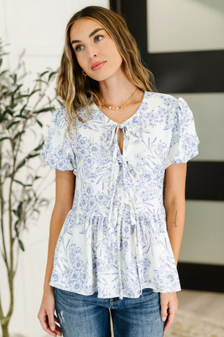 Balloon Sleeve Blouse in Ivory/Blue