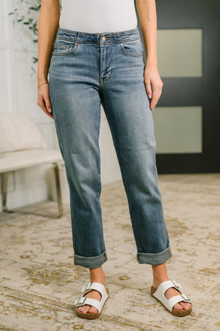 Judy Blue Mid Rise Boyfriend with Adjustable Back Tab + Hollywood WB