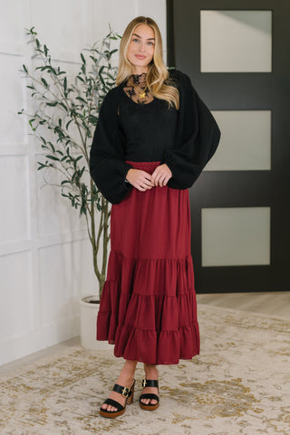 Relaxed Tiered Maxi Skirt in Burgundy