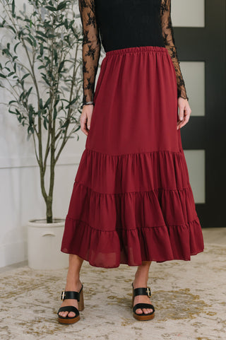 Relaxed Tiered Maxi Skirt in Burgundy