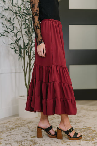 Relaxed Tiered Maxi Skirt in Burgundy