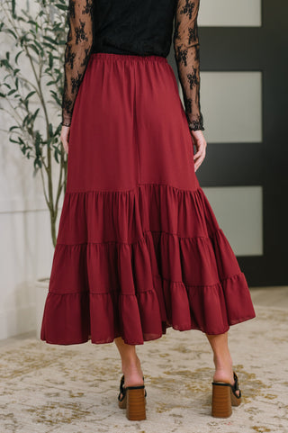 Relaxed Tiered Maxi Skirt in Burgundy