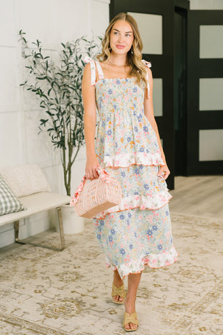 Western Floral Tiered Maxi Dress in Sage