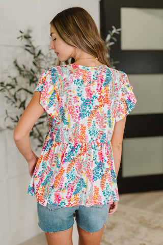 Floral Flutter Sleeve Top in Ivory