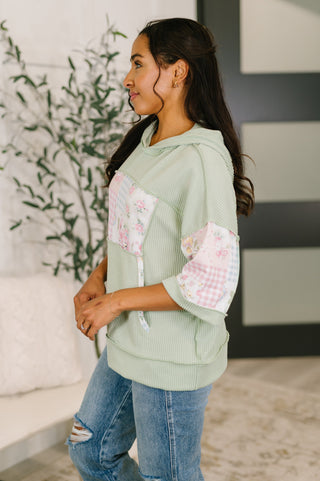 Patch Work Ribbed Knit Hooded Top