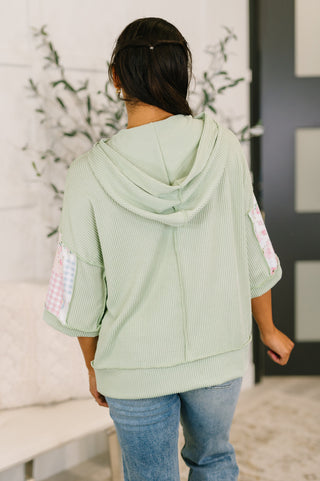 Patch Work Ribbed Knit Hooded Top
