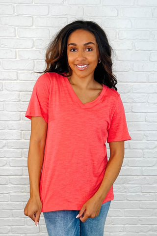 Wore It Yesterday V-Neck Tee in Hot Coral