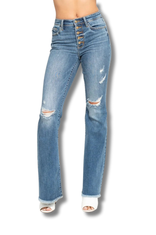 Judy Blue Midrise Button Fly Flare with Destroy Fray Hem Jeans