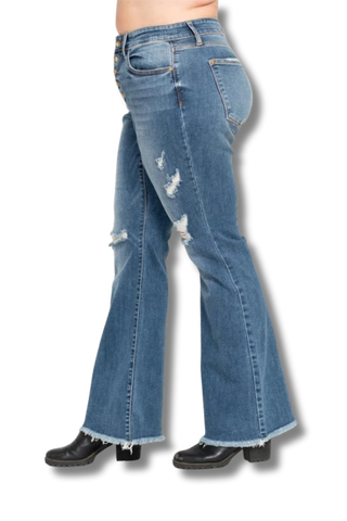 Judy Blue Midrise Button Fly Flare with Destroy Fray Hem Jeans