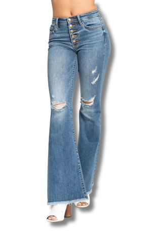 Judy Blue Midrise Button Fly Flare with Destroy Fray Hem Jeans