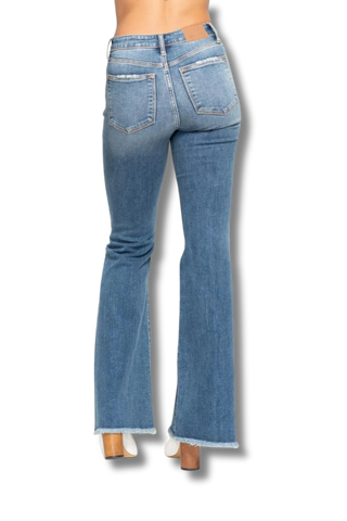 Judy Blue Midrise Button Fly Flare with Destroy Fray Hem Jeans