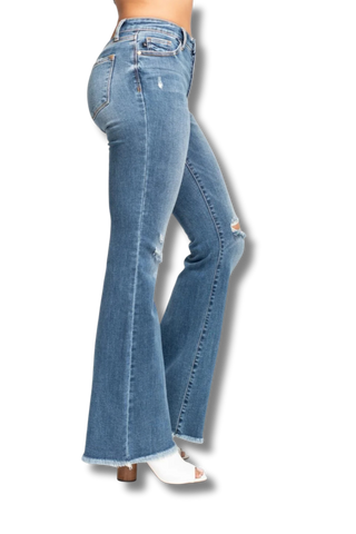 Judy Blue Midrise Button Fly Flare with Destroy Fray Hem Jeans