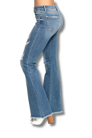 Judy Blue Midrise Button Fly Flare with Destroy Fray Hem Jeans