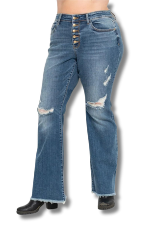 Judy Blue Midrise Button Fly Flare with Destroy Fray Hem Jeans