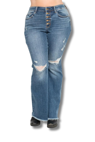 Judy Blue Midrise Button Fly Flare with Destroy Fray Hem Jeans