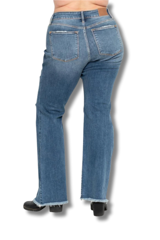 Judy Blue Midrise Button Fly Flare with Destroy Fray Hem Jeans