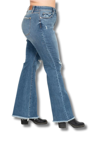 Judy Blue Midrise Button Fly Flare with Destroy Fray Hem Jeans