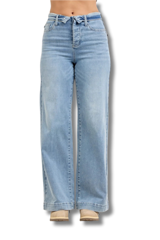 Judy Blue Mid Rise Retro Wide Leg Jeans with Fold-over Waistband