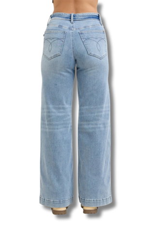 Judy Blue Mid Rise Retro Wide Leg Jeans with Fold-over Waistband