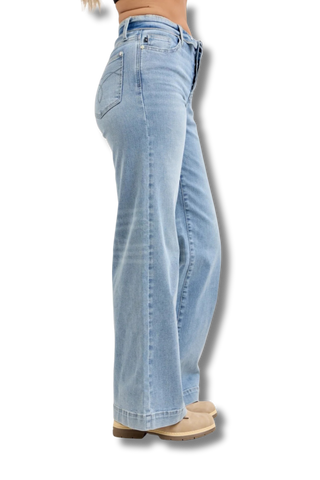Judy Blue Mid Rise Retro Wide Leg Jeans with Fold-over Waistband
