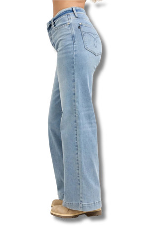Judy Blue Mid Rise Retro Wide Leg Jeans with Fold-over Waistband