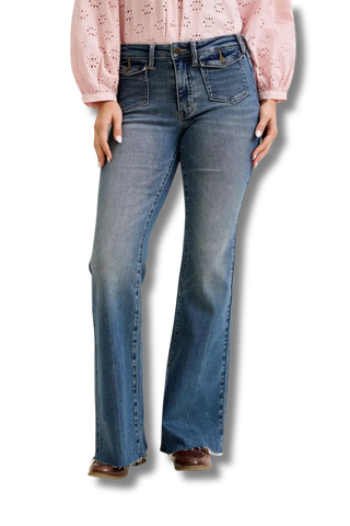 Judy Blue Mid Rise Flare Jeans with Front Flap Pockets