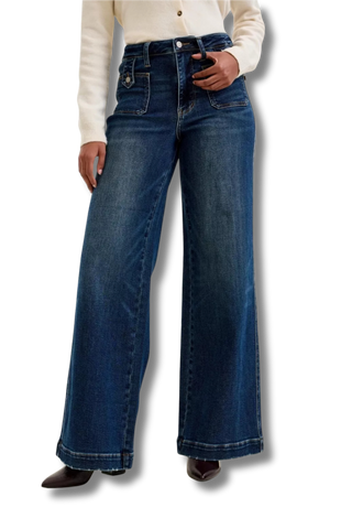 Judy Blue High Rise "lux" Retro Wide Jeans with Front Patch Tab Closure Dk Fade Indigo