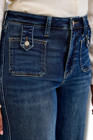 Judy Blue High Rise "lux" Retro Wide Jeans with Front Patch Tab Closure Dk Fade Indigo