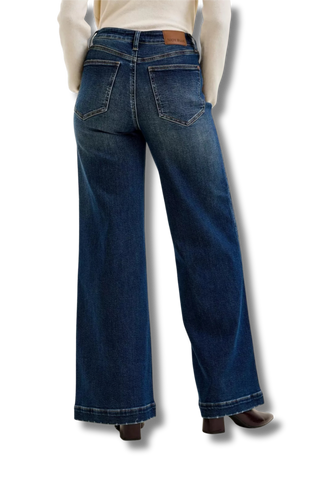 Judy Blue High Rise "lux" Retro Wide Jeans with Front Patch Tab Closure Dk Fade Indigo