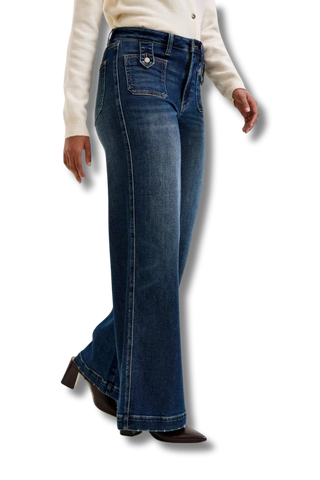 Judy Blue High Rise "lux" Retro Wide Jeans with Front Patch Tab Closure Dk Fade Indigo