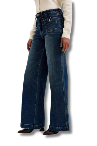 Judy Blue High Rise "lux" Retro Wide Jeans with Front Patch Tab Closure Dk Fade Indigo