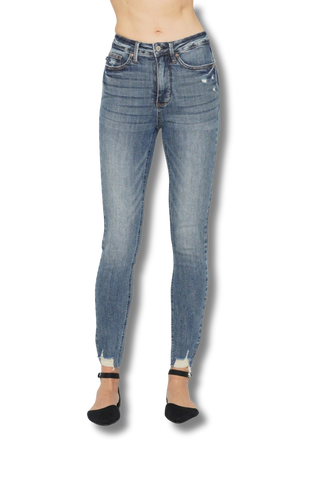 Judy Blue High Waisted Tummy Control Vintage Wash Hem Destroy Skinny Jeans