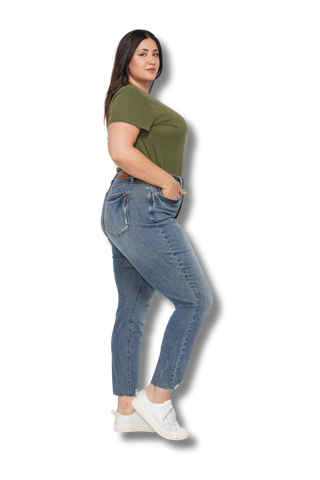 Judy Blue High Waisted Tummy Control Vintage Wash Hem Destroy Skinny Jeans