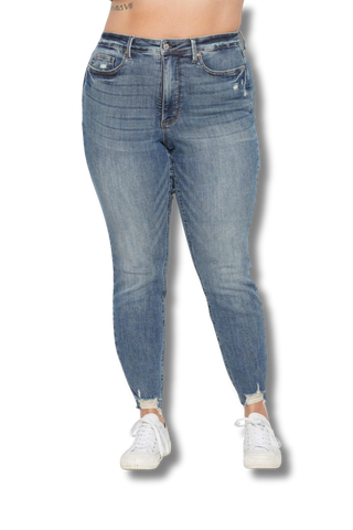 Judy Blue High Waisted Tummy Control Vintage Wash Hem Destroy Skinny Jeans