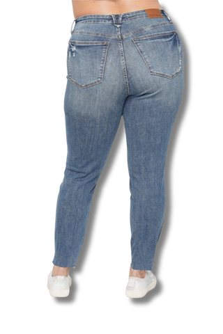 Judy Blue High Waisted Tummy Control Vintage Wash Hem Destroy Skinny Jeans