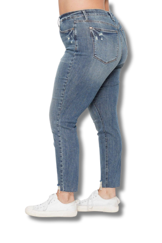 Judy Blue High Waisted Tummy Control Vintage Wash Hem Destroy Skinny Jeans