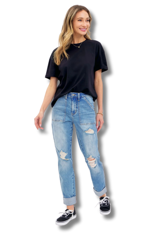 Judy Blue High Waist Patch Pocket & Destroy Boyfriend Jeans