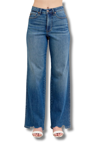Judy Blue High Waist Tummy Control Chew Hem Destroy Wide Jeans